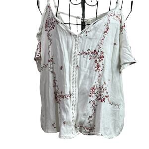 Current Air Floral Dressy Boho Ruffle Cold Shoulder Tank Top White Pink Small